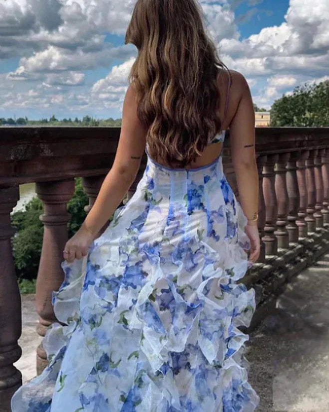 Blue Patchwork Floral Print Maxi Dress Easter Dress