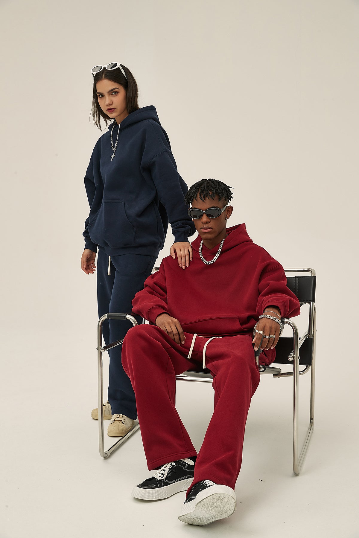 Navy&Red-350gsm Thick Cotton Oversized hoodie sweatshirt pants sets