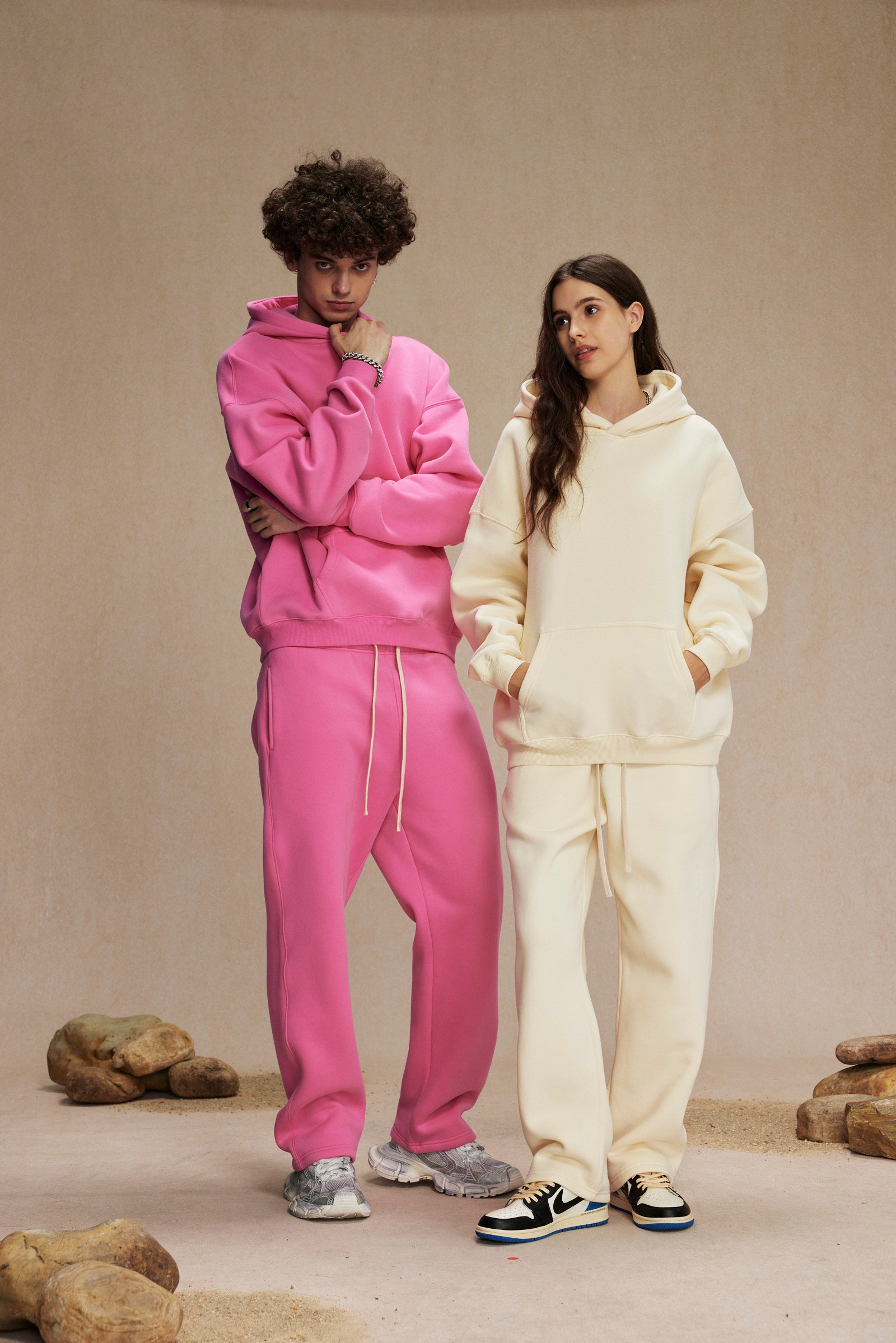 Cream&Pink-350gsm Thick Cotton Oversized hoodie sweatshirt pants sets