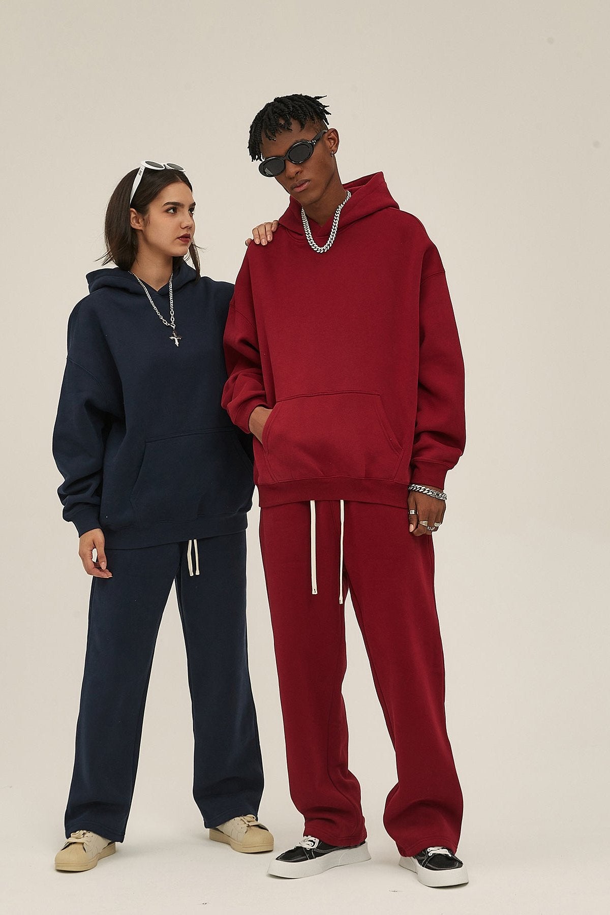 Navy&Red-350gsm Thick Cotton Oversized hoodie sweatshirt pants sets