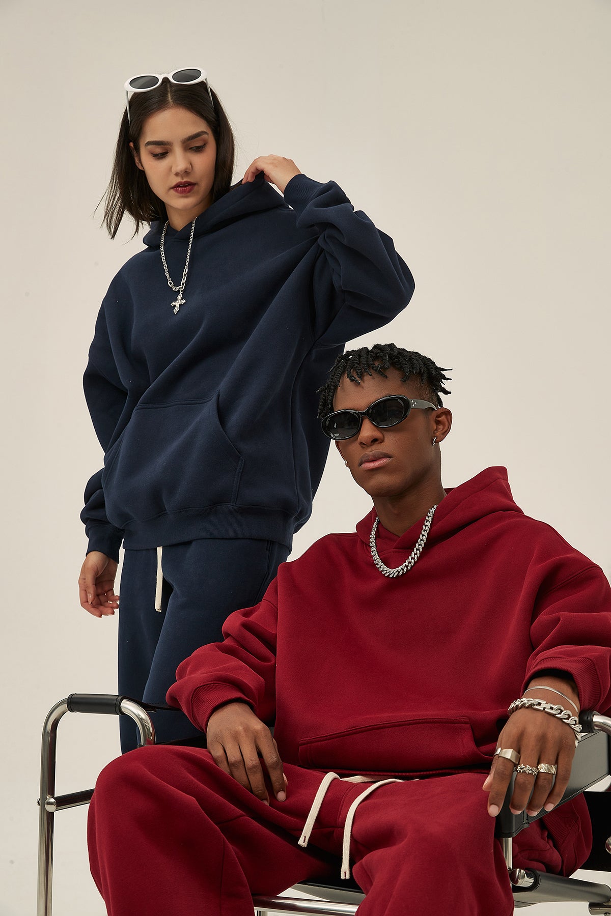 Navy&Red-350gsm Thick Cotton Oversized hoodie sweatshirt pants sets