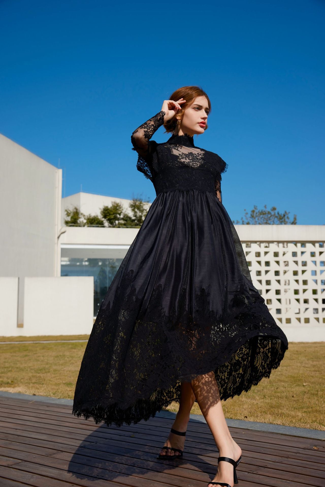 Black Vintage Lace  Evening Maxi Dress Easter Dress