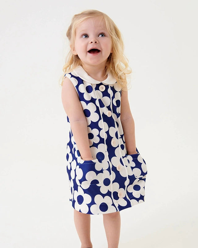 Blue Flower Power Groovy Shift Dress Easter Dress  for Little Girls