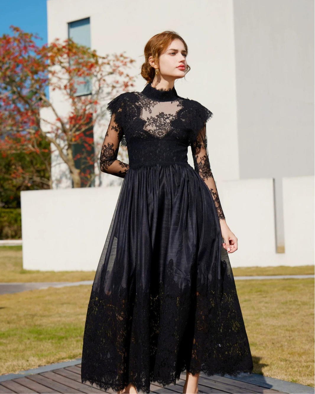 Black Vintage Lace  Evening Maxi Dress Easter Dress