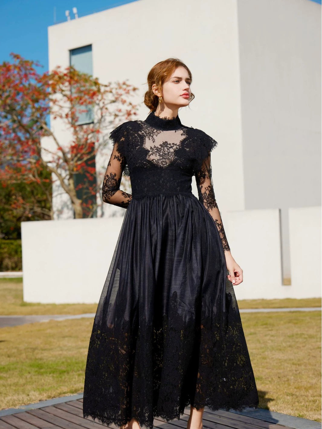 Black Vintage Lace  Evening Maxi Dress Easter Dress