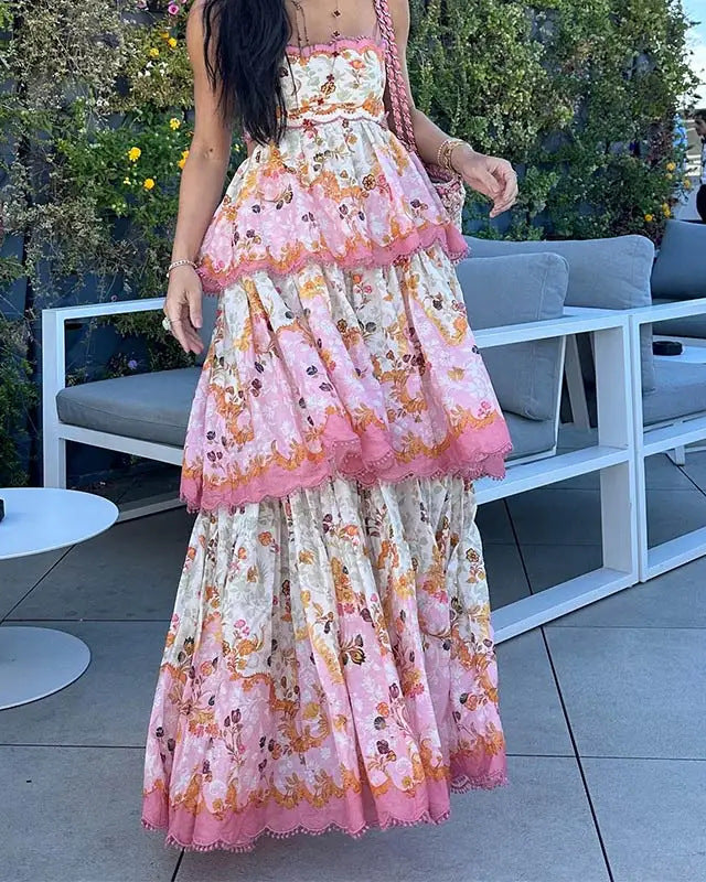 Pink Patchwork Floral Print Maxi Dress Easter Dress