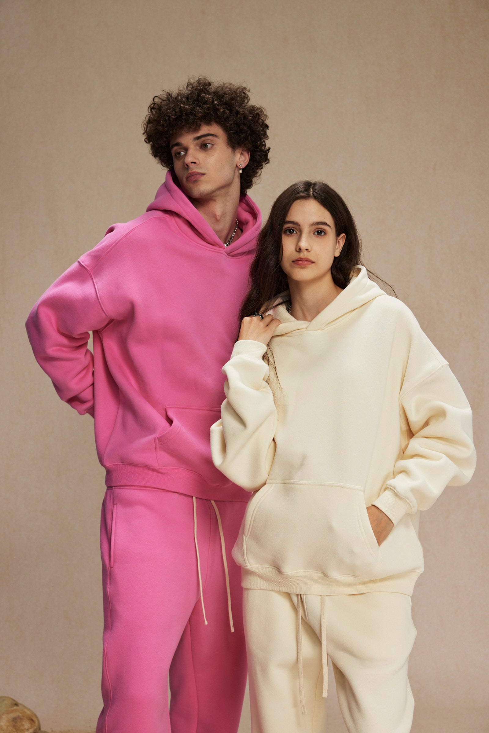 Cream&Pink-350gsm Thick Cotton Oversized hoodie sweatshirt pants sets