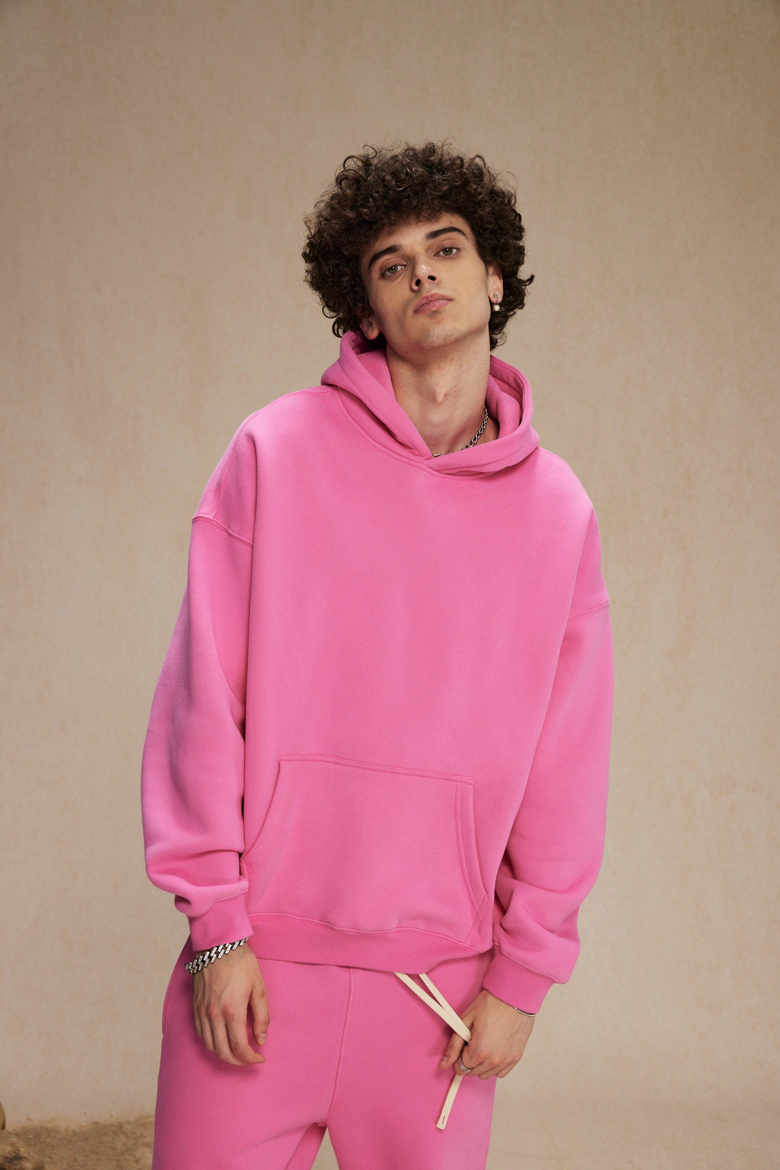 Cream&Pink-350gsm Thick Cotton Oversized hoodie sweatshirt pants sets