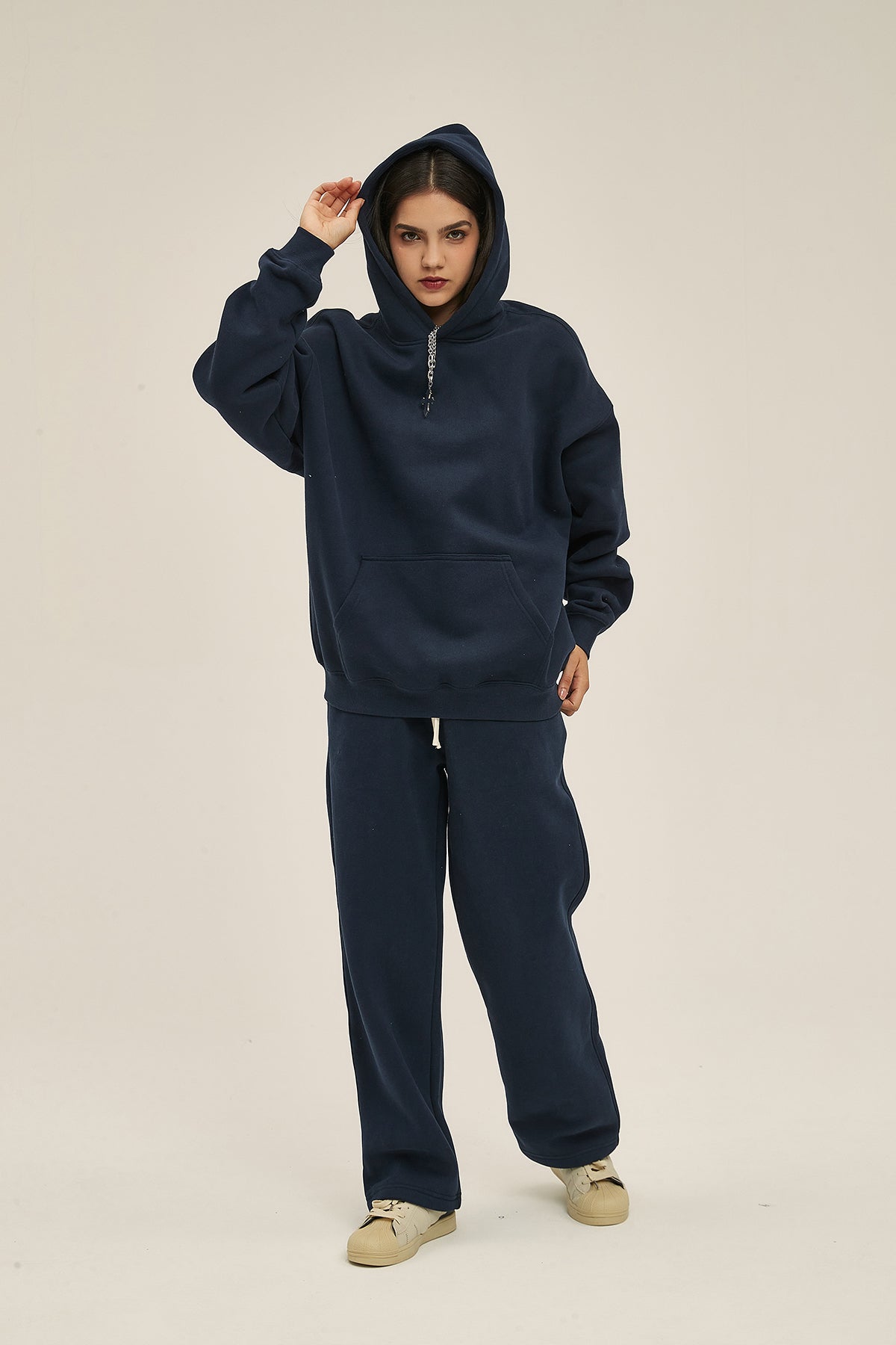 Navy&Red-350gsm Thick Cotton Oversized hoodie sweatshirt pants sets