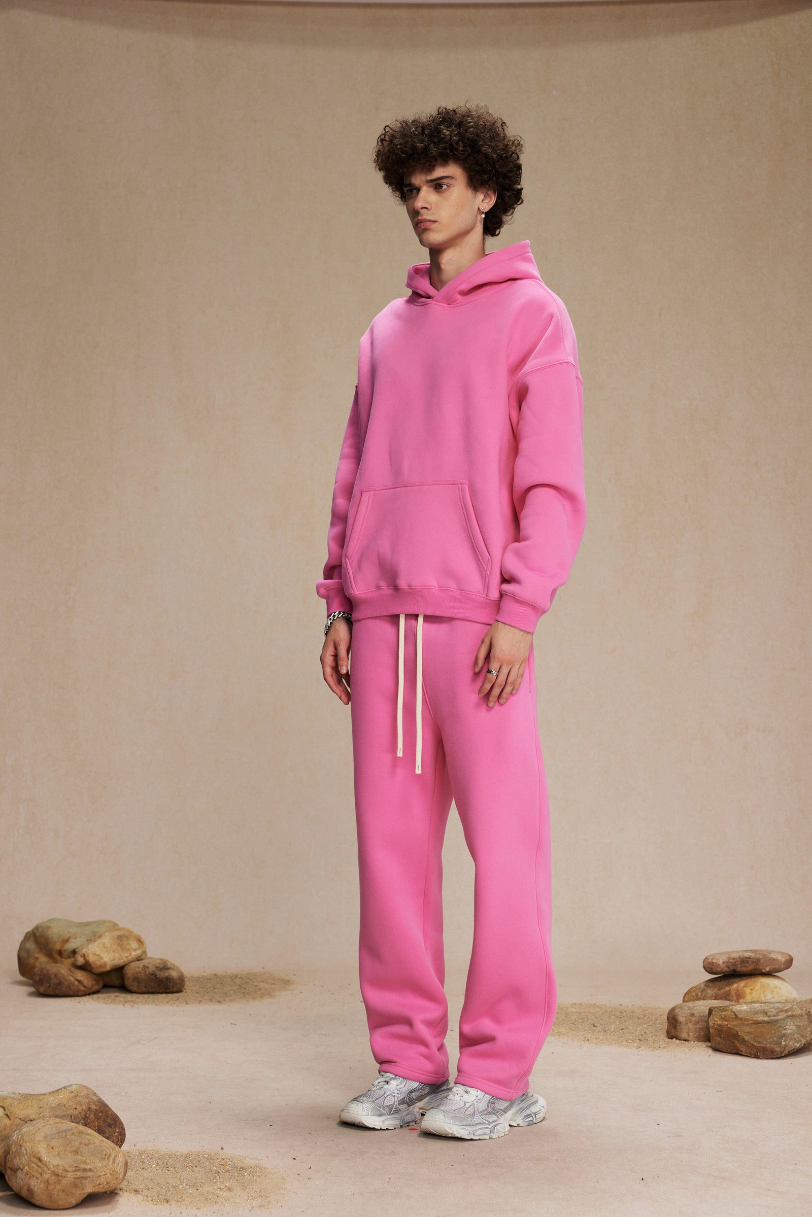 Cream&Pink-350gsm Thick Cotton Oversized hoodie sweatshirt pants sets